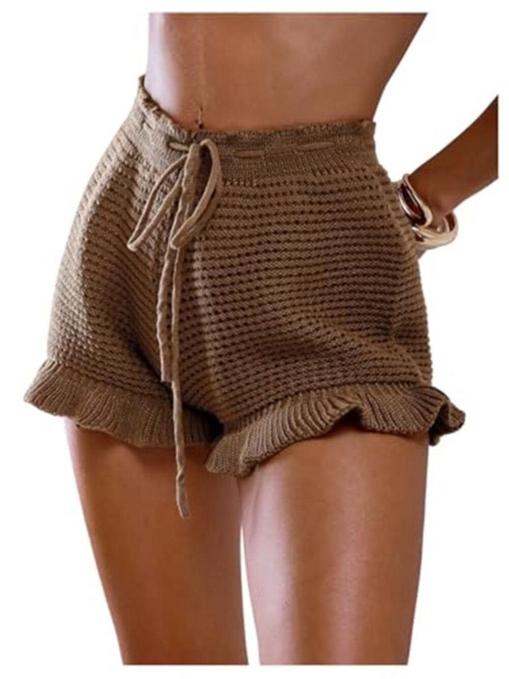 SOLY HUX Brown Crochet Cover Up Shorts Ruffle Hem Knit Beach Shorts
